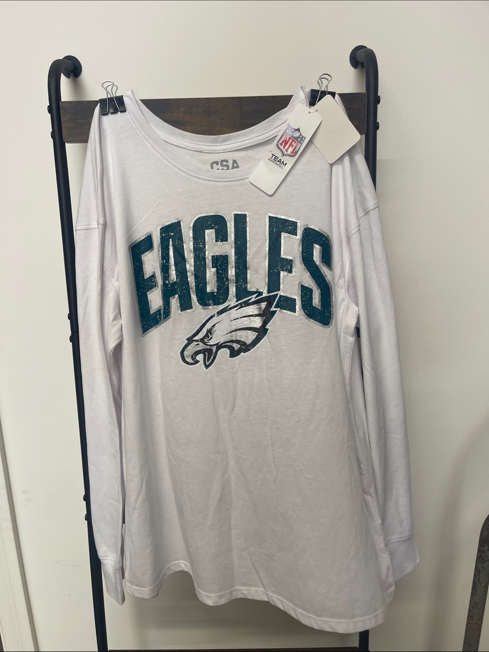 NFL White Long Sleeve Eagles Logo Tee with Green Print